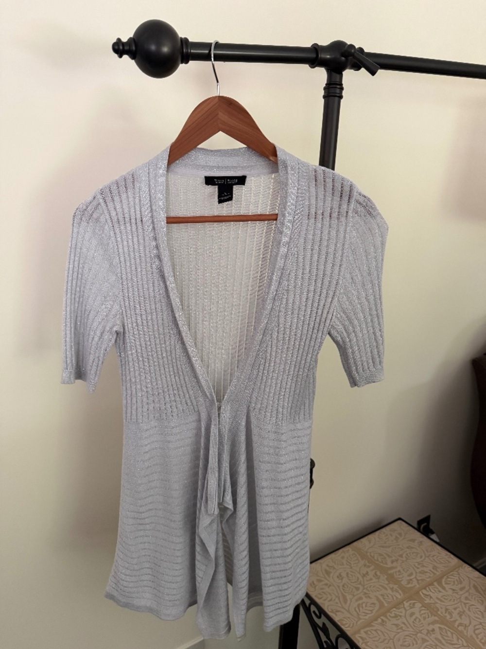White House Black Market Metallic Silver Ribbed Short Sleeve Cardigan